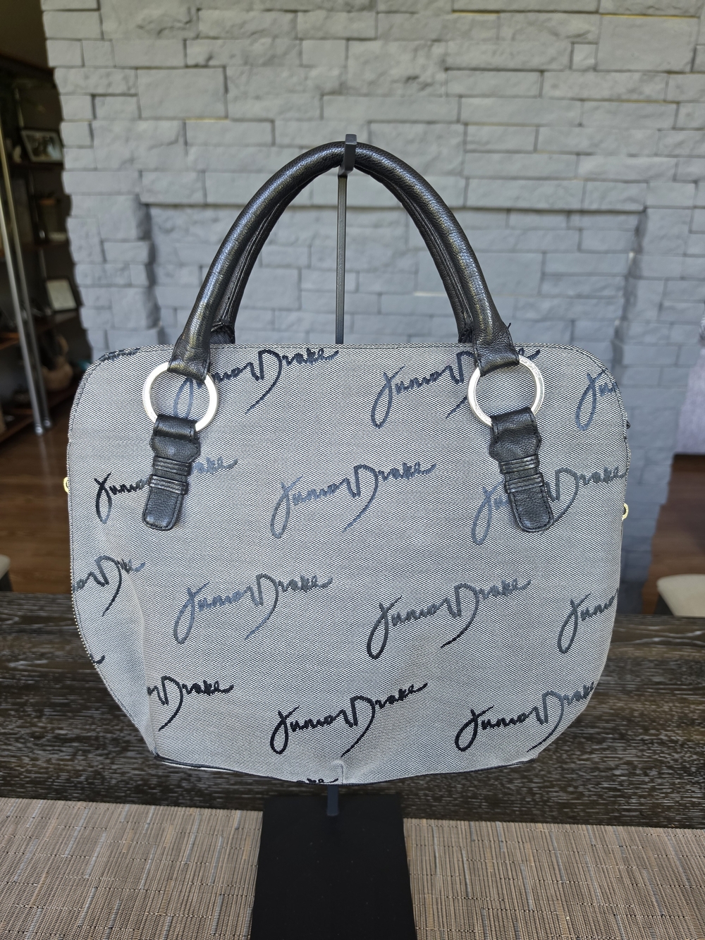 Junior Drake Gray Logo Canvas Tote with Black Leather Handles